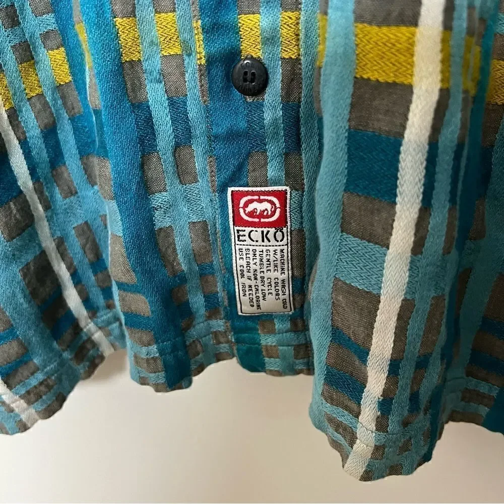 Ecko Unltd Shirt Mens XL Blue Plaid Button Up Short Sleeve Pockets Outdoor Logo